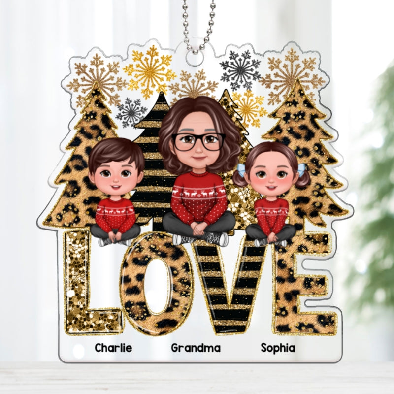 Leopard Stripes Pattern Christmas Tree Grandma Grandkids Personalized Acrylic Ornament