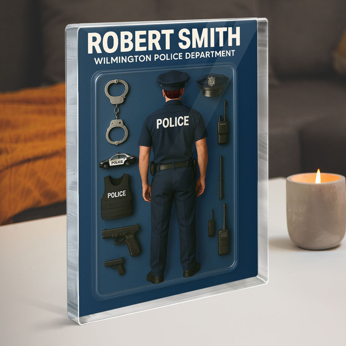 3D Effect Back View Police Officer Custom Figure Personalized Flat Rectangle Acrylic Block Plaque
