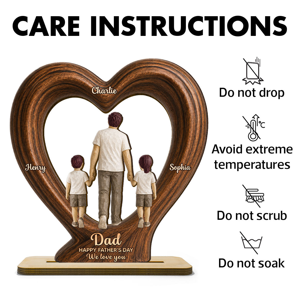 Sentimental Rustic Dad And Kids Walking In Heart 2D Flat - Personalized 2-Layered Wooden Plaque - Father's Day Gift For Dad, Husband