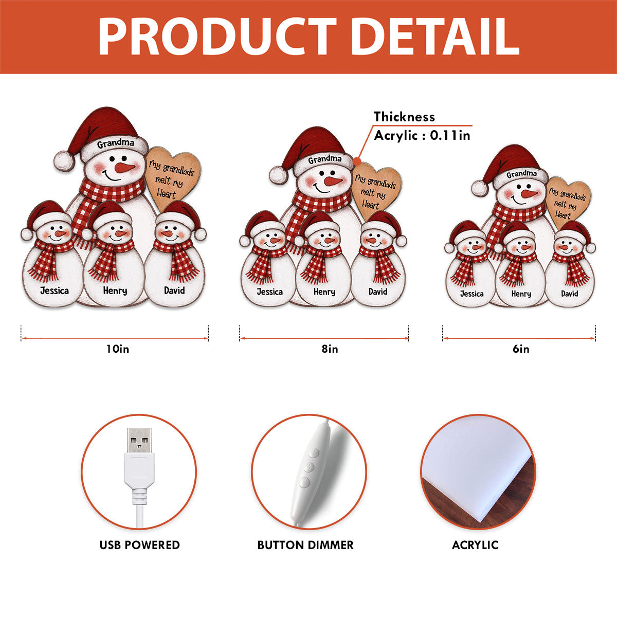 Folk Art Cute Snowman Grandma & Grandkid - Personalized Light Box - Christmas Decor For Grandma