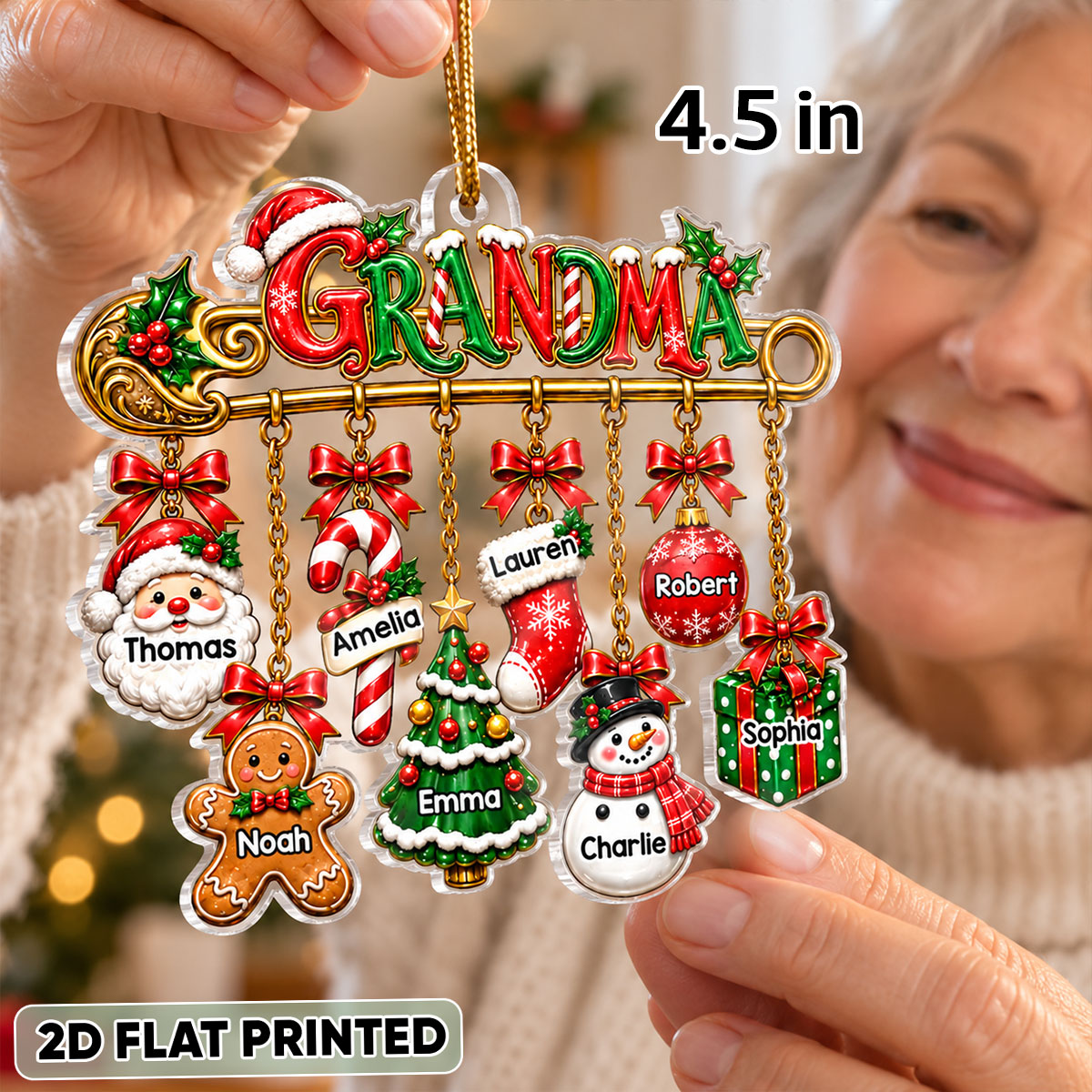 Grandma Safety Pin Christmas Charm - Personalized Acrylic Ornament - Trendy Christmas Gift for Grandma