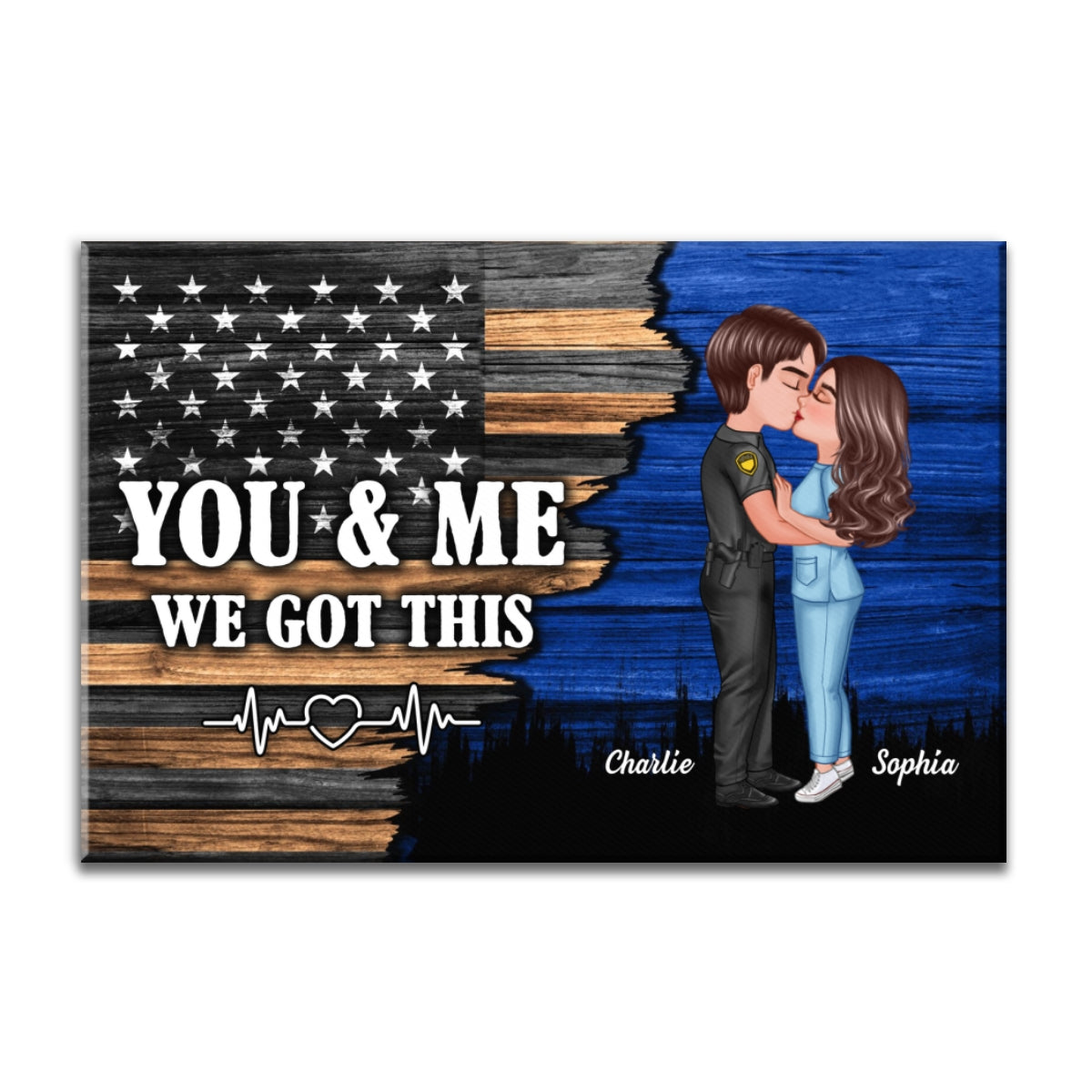 Hero Couple Kissing Half Flag Gifts by Occupation Firefighter, Nurse, Police Officer Personalized Canvas