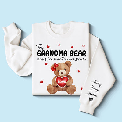 Grandma Mom Auntie Bear Wears Her Heart On Her Sleeve Personalized Sleeve Printed Sweatshirt