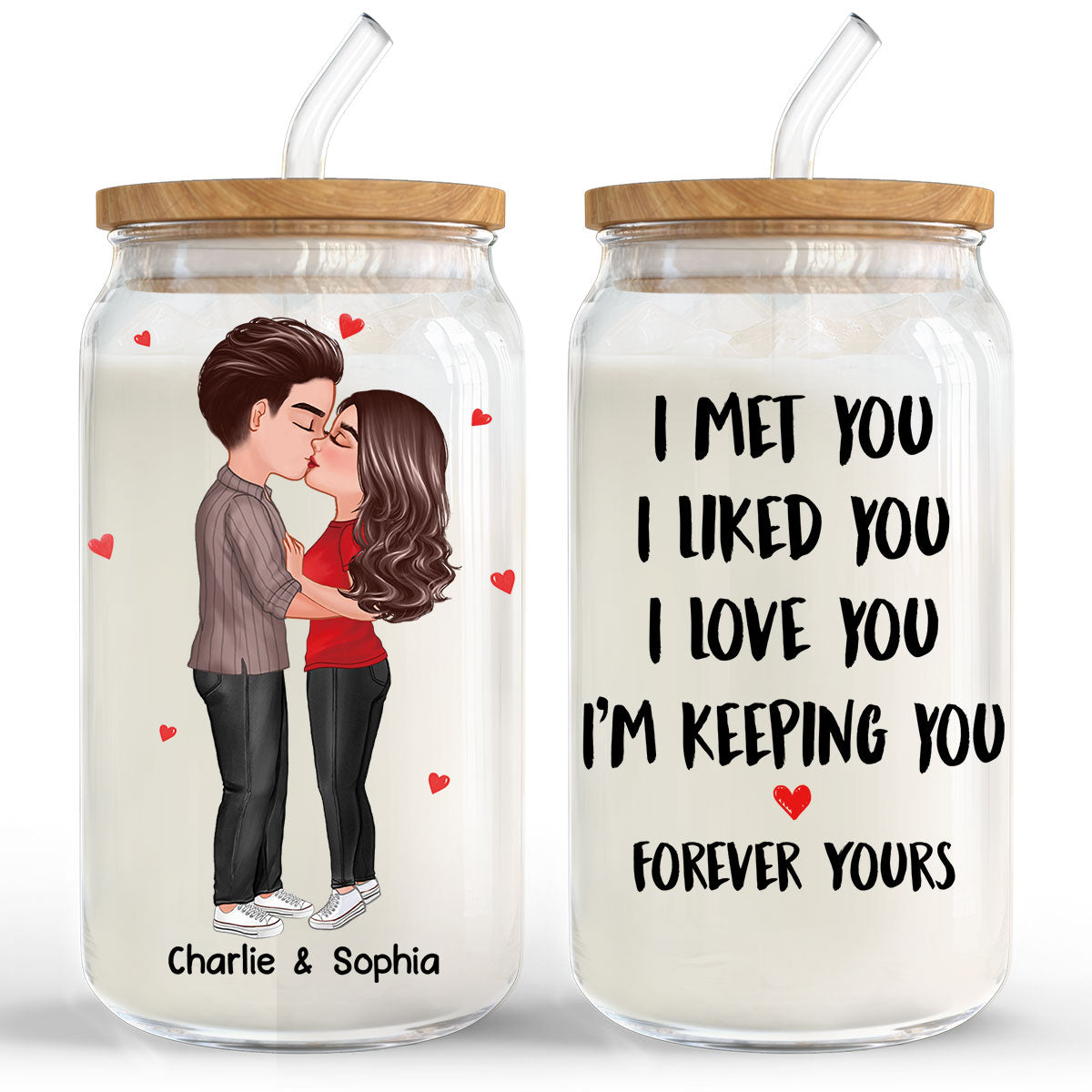 Couple Kissing I Met You Personalized Clear Glass Can