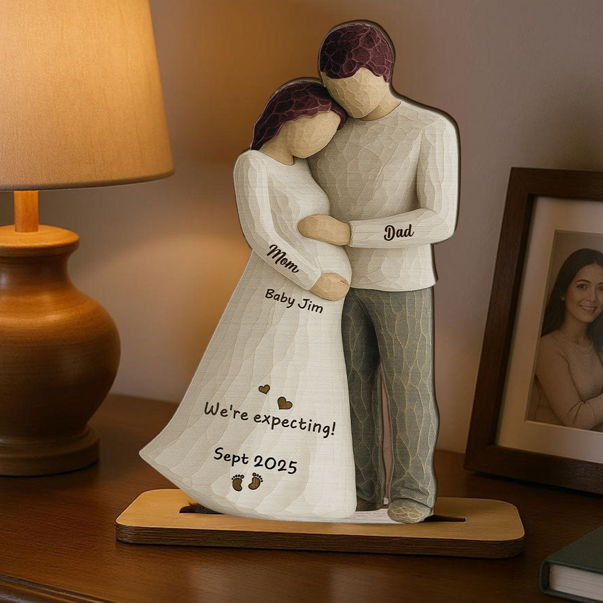 Waiting For You With All Our Hearts Couple Expecting Baby 3D Effect Personalized Standing Wooden Plaque, Baby Shower Gift For Parents-to-be