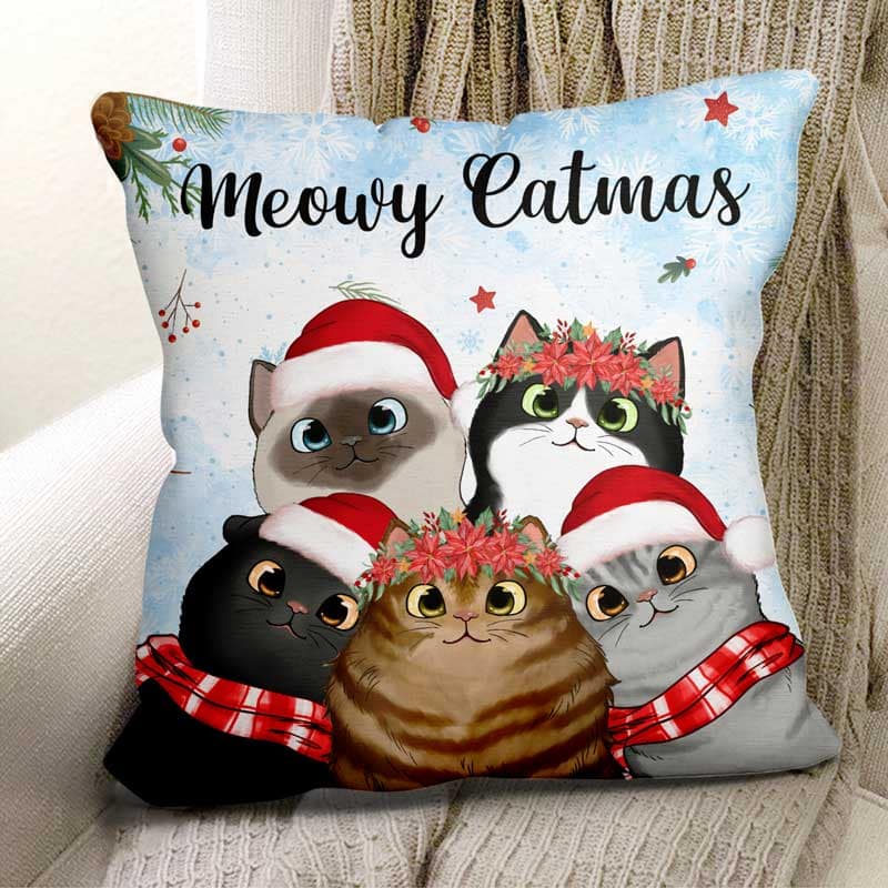 Meowy Catmas Cute Peeking Fluffy Cat Personalized Pillow (Insert Included)