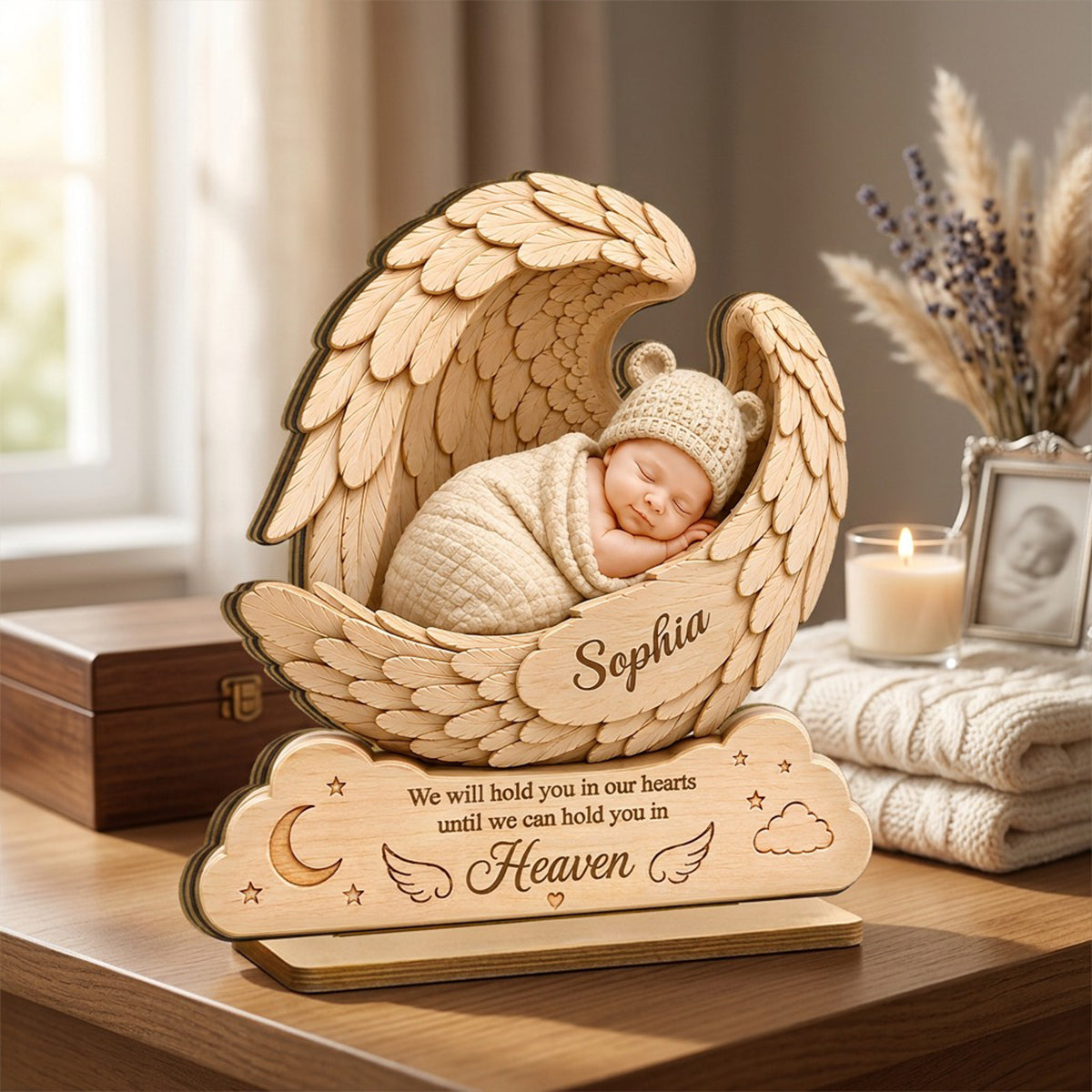 We Will Hold you in Our Hearts - Personalized 2-Layered Wooden Plaque - Custom Infant Loss Gift, Miscarriage Baby Awareness Keepsake