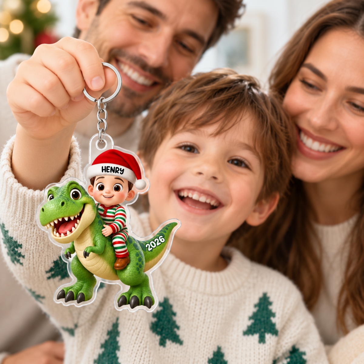 Trending Kid With Dinosaur Design For Boy Girl - Personalized Acrylic Keychain - Christmas Gift For Grandkids