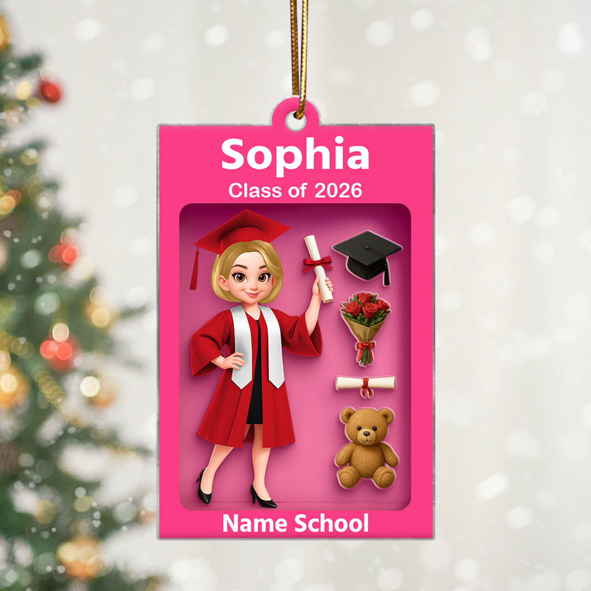 3D Effect Pink Toy Box Graduation - Personalized Acrylic Ornament - Gift For Seniors 2025