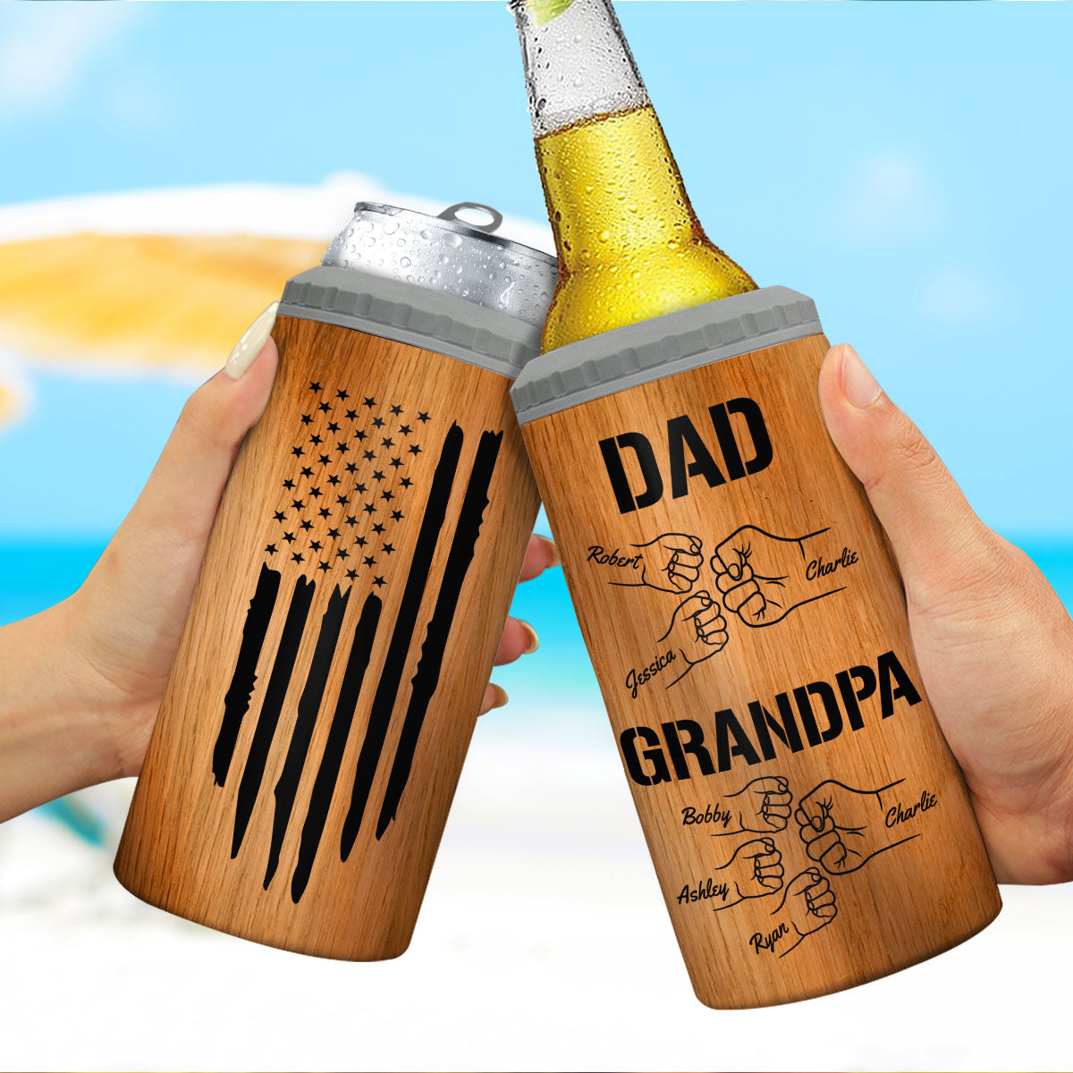 Dad Grandpa Fist Bump Personalized Can Cooler| Coolest Father's Day Gift For Grandpa, Dad