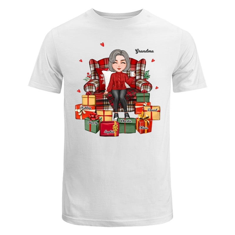 Christmas Cute Grandma Sitting On Chair Favorite Gifts Kids Names Personalized Shirt