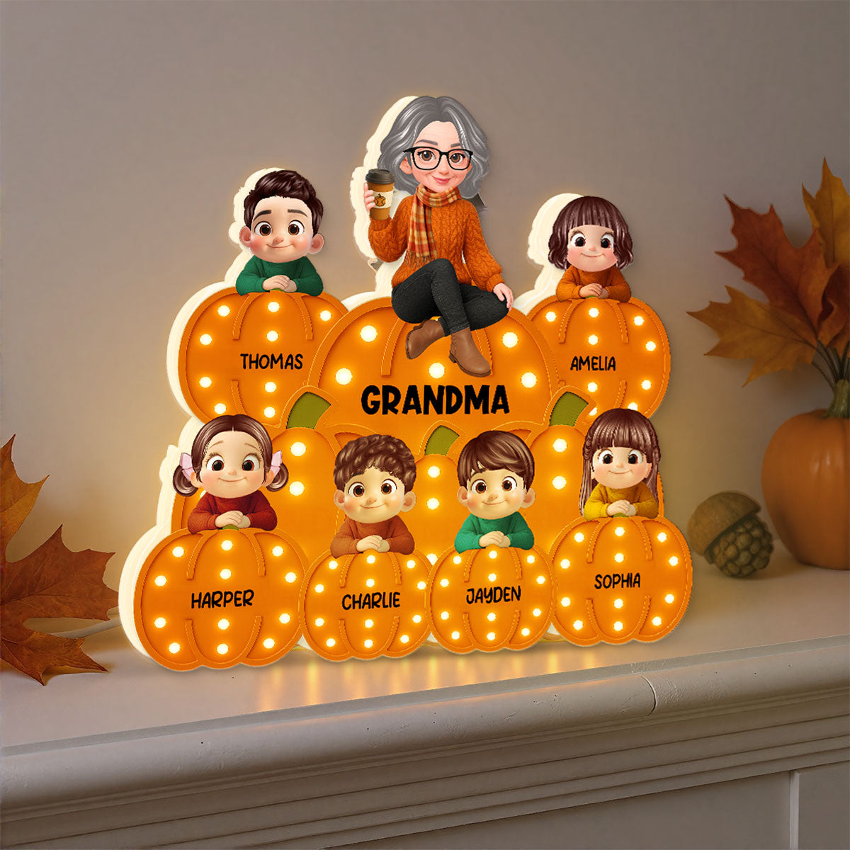 Fall Season Grandma Grandkids On Marquee Pattern Texture Pumpkins Personalized LED Light Box