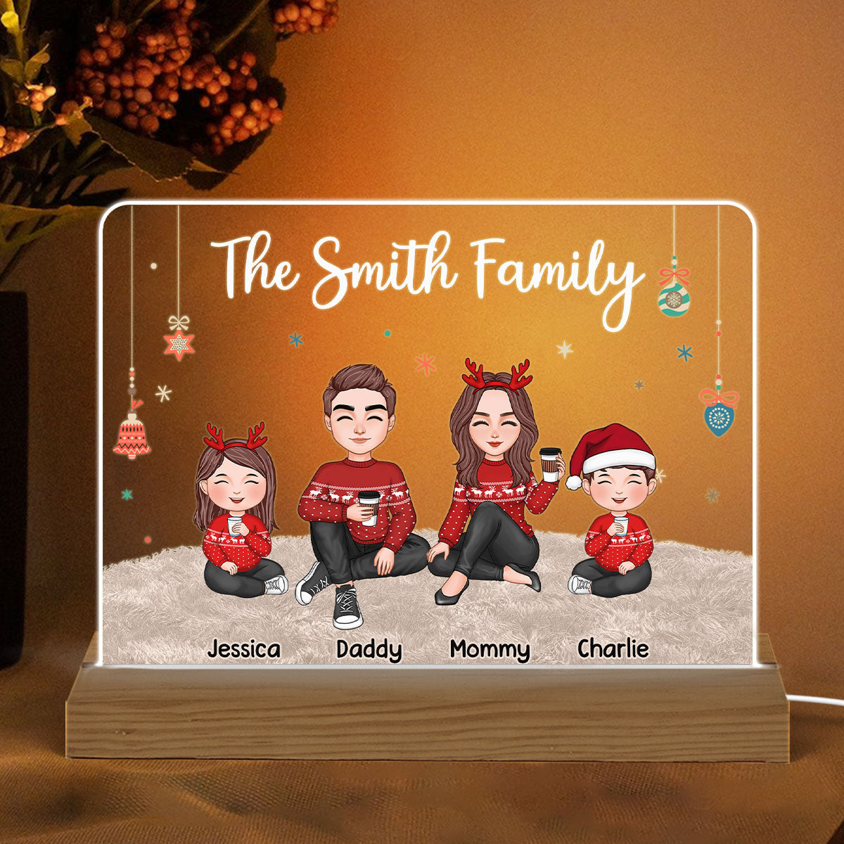 Christmas Cute Family Sitting On Carpet Personalized Acrylic Plaque Custom Shape Warm LED Night Light