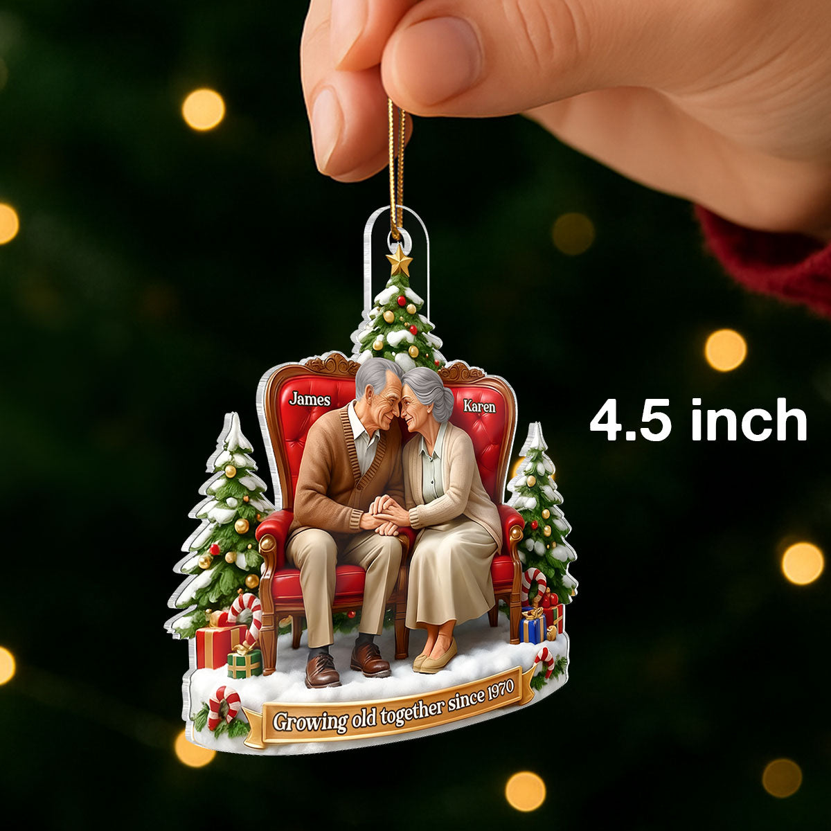 Old Couple Sitting Growing Old Together - Personalized Acrylic Ornament - Christmas Gift for him, Gift for her