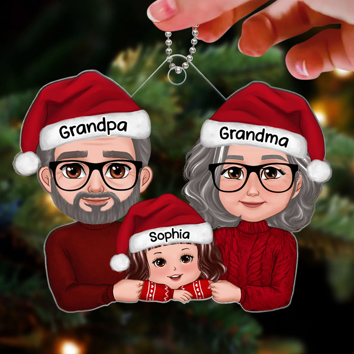 Grandpa Grandma & Grandkid New Face Grandparents & Kid Chin On Hands Christmas Gift Personalized Acrylic Ornament
