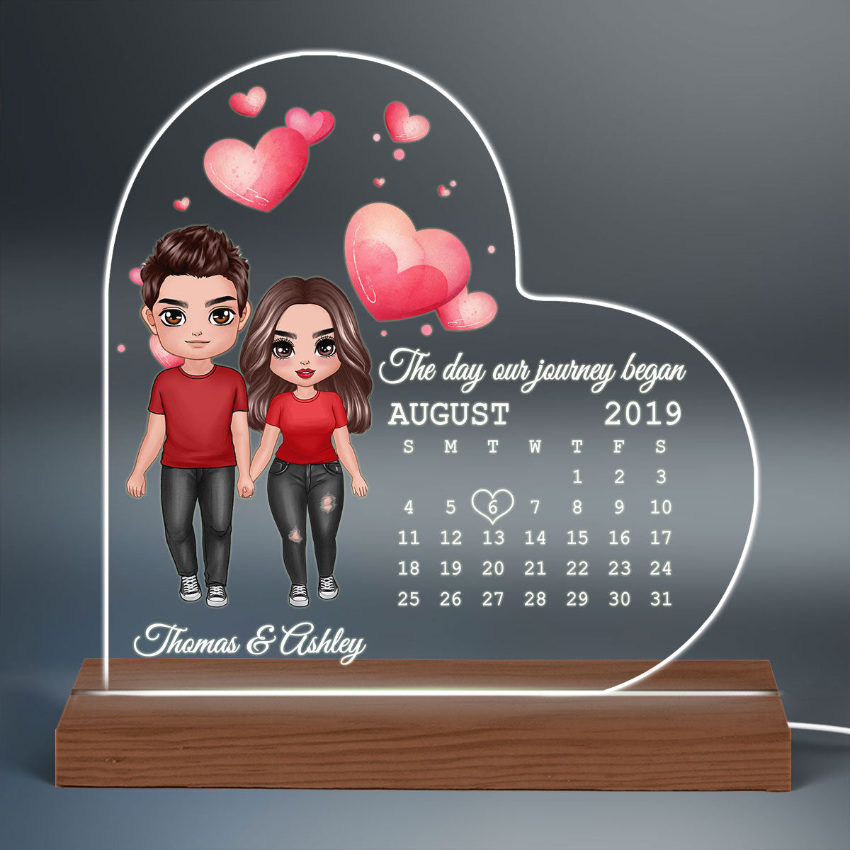 Doll Couple Standing Calendar Anniversary Date Personalized Heart Shaped Acrylic Plaque With LED Night Light - Anniversary Gift For Couple - Gift For Him, Gift For Her