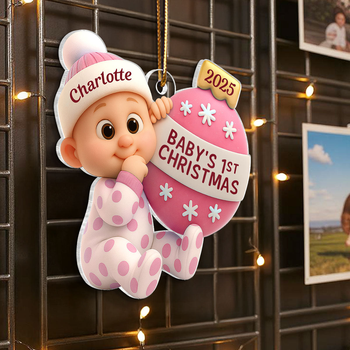 3D Effect Cute Cartoon Baby Beside Christmas Bauble Baby's 1st Christmas Personalized Acrylic Flat Ornament