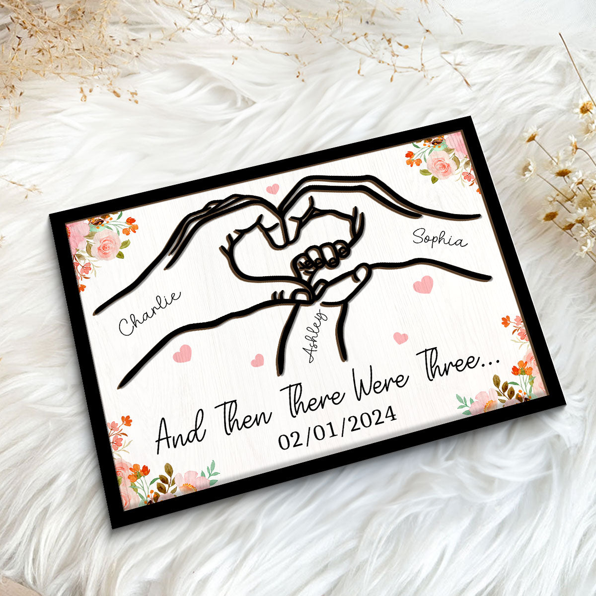 Family Of Three Heart Hand Personalized 2-Layer Wooden Plaque, Gift For New Mom New Dad