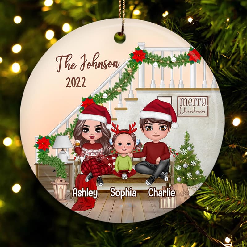 Family Sitting Stairs Christmas Personalized Circle Ornament