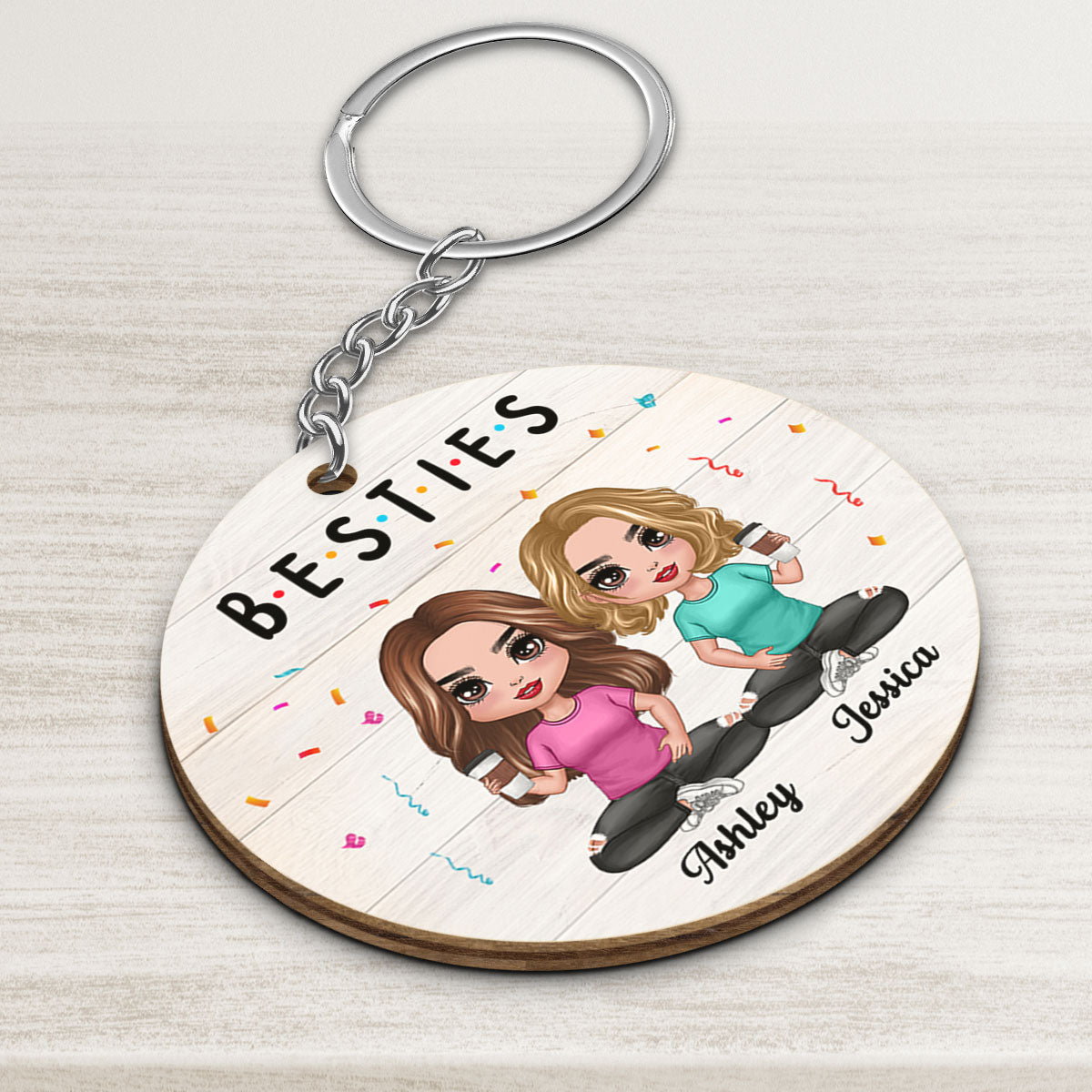 Besties Sisters Doll Women Sitting Personalized Wooden Keychain