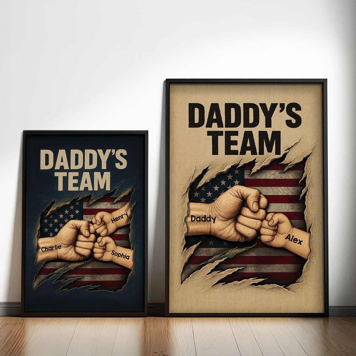 Daddy's Team Fist Bump Torned Flag Personalized Poster, Father's Day Gift for Dad
