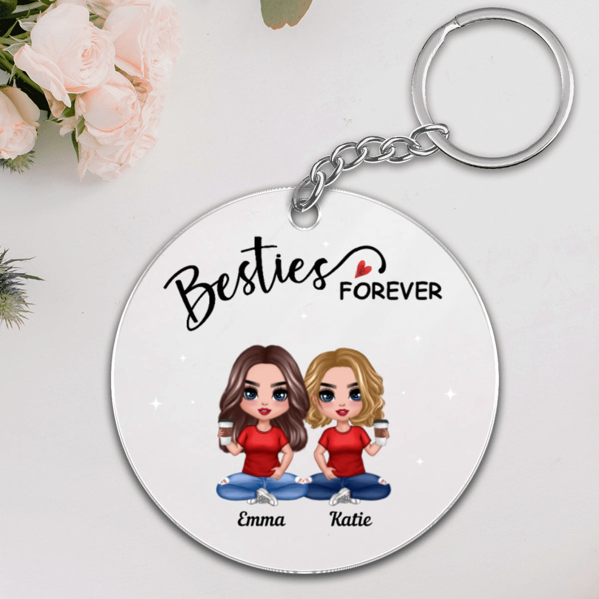 Doll Besties Sitting Always Sisters Besties Forever Personalized Circle Acrylic Keychain