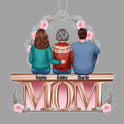 Mother Daughter Son Sitting On Text Personalized Christmas Acrylic Ornament