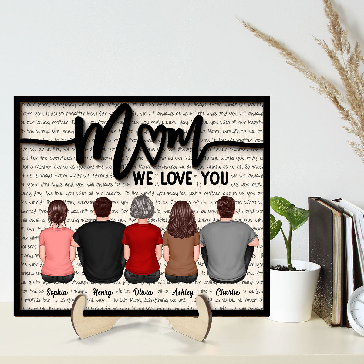 Back View Mom And Daughters Sons Sitting Letters Background Mother‘s Day Gift For Mom Personalized 2-Layer Wooden Plaque