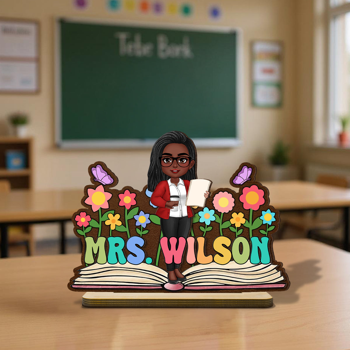 Teacher Flowers Book Personalized Standing Wooden Plaque, Back To School Gift for Teachers