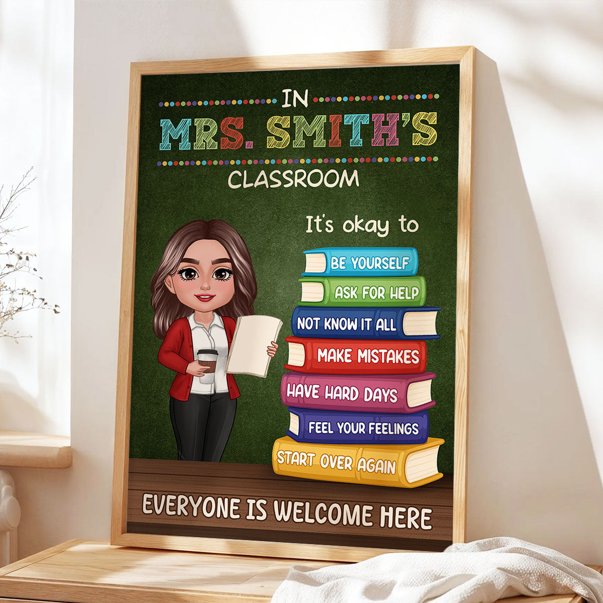 Teacher Standing By Stack Of Books In This Classroom It Is Okay To Personalized Poster, Classroom Decor