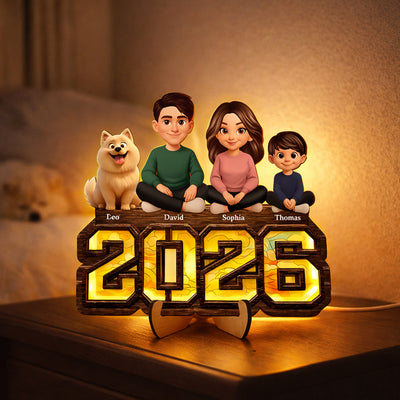 3D Effect Family And Dog Cat - Personalized Wooden Frame With LED - Heartfelt Gift For Mom, Dad