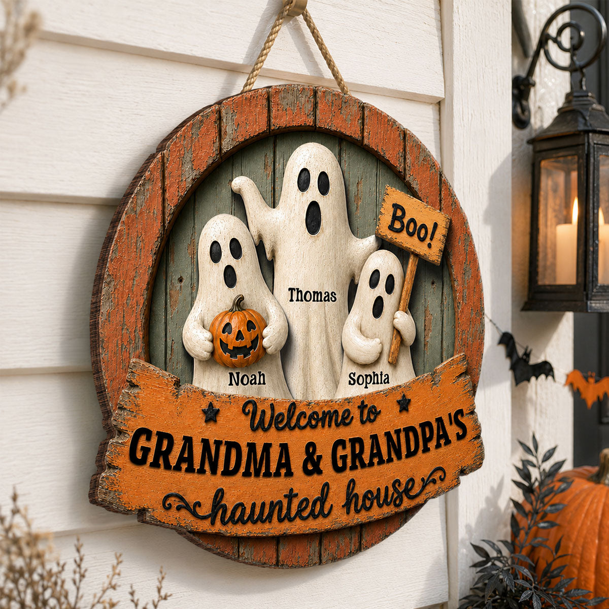 Welcome to Grandma Grandpa's Haunted House - Personalized Door Hanger - Halloween Decor for Grandparents