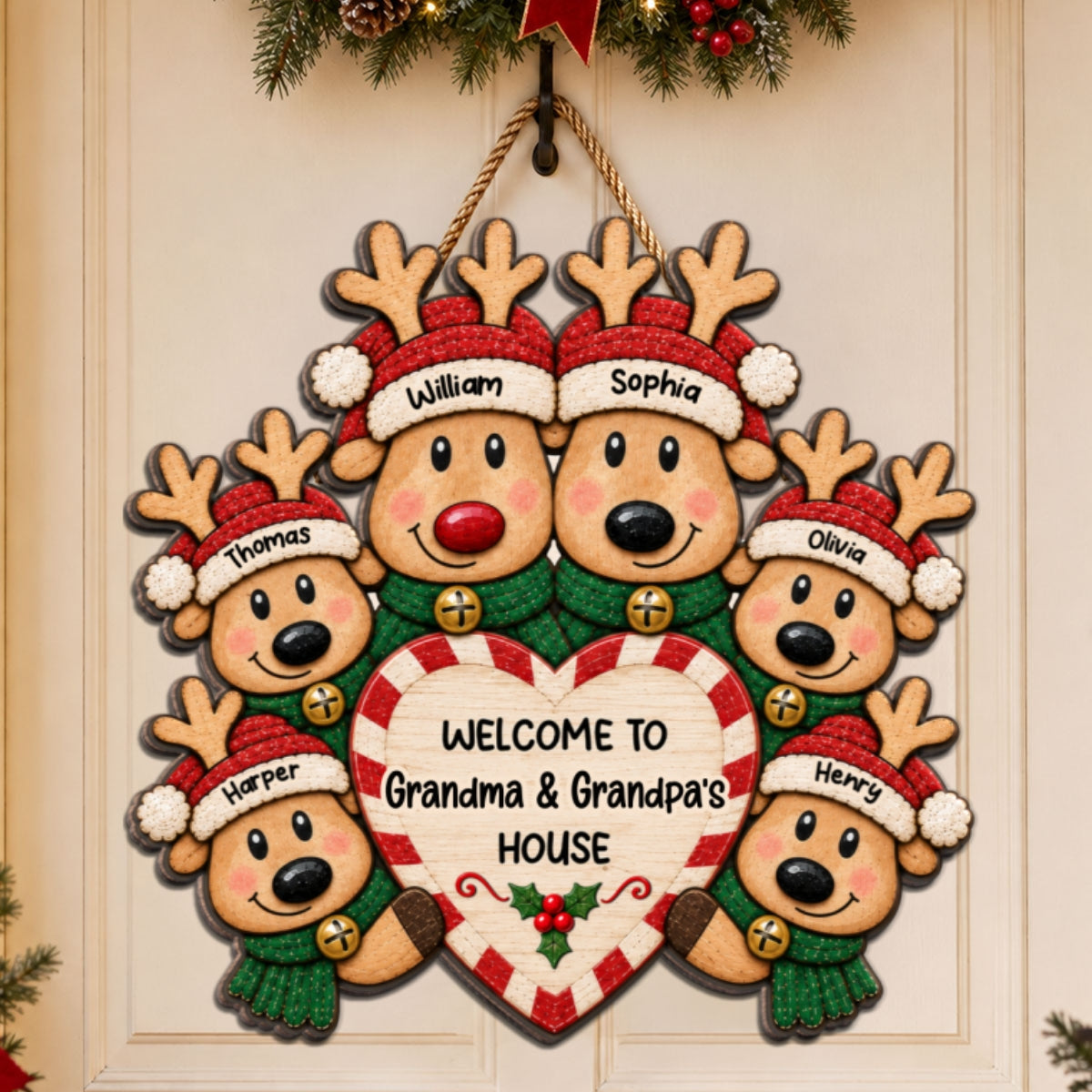 Welcome To Grandma & Grandpa’s House Cute Reindeer Family 2D Flat Printed - Personalized Wood Sign - Christmas Gift For Grandparents