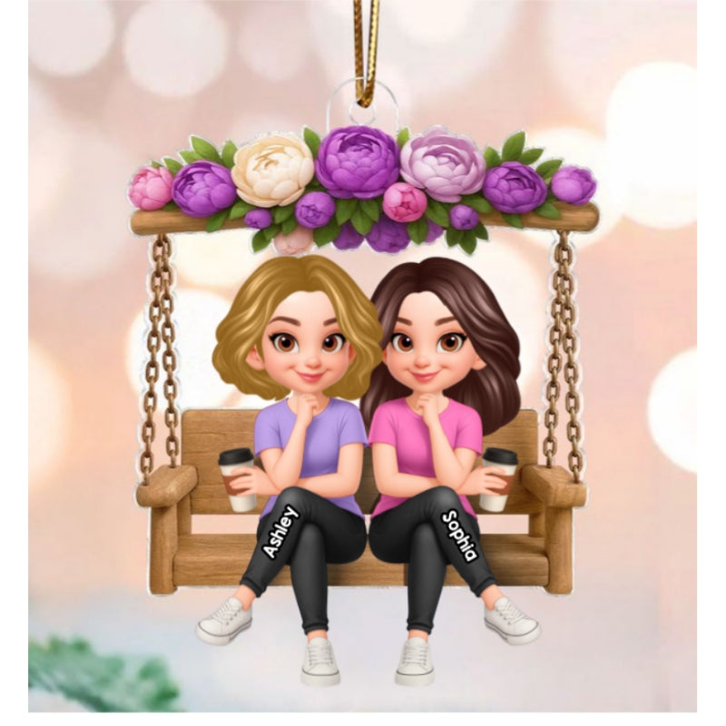 Christmas Besties Sisters On Flower Swing - Personalized Acrylic Ornament