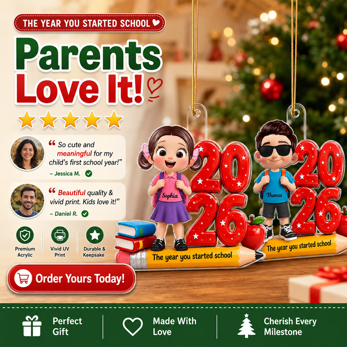 The Year You Started School 2D Flat - Personalized Acrylic Ornament - Christmas Keepsake for Kids