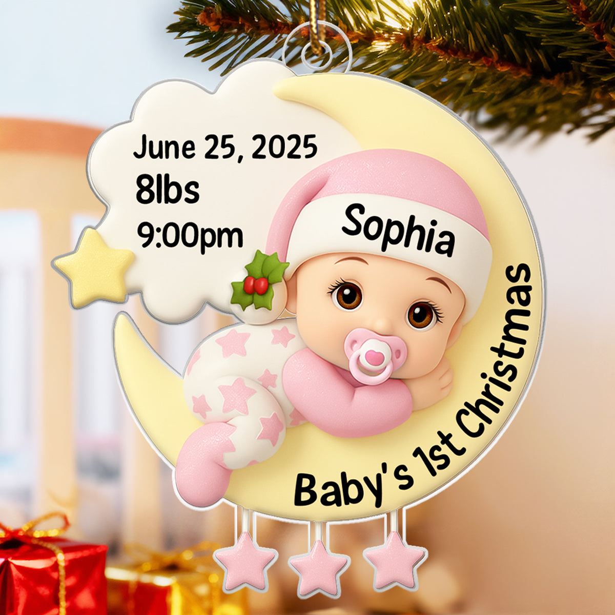 Baby In The Moon First Christmas - Personalized Acrylic Ornament - Heartwarming Christmas Gift For New Parents, Newborn Keepsake