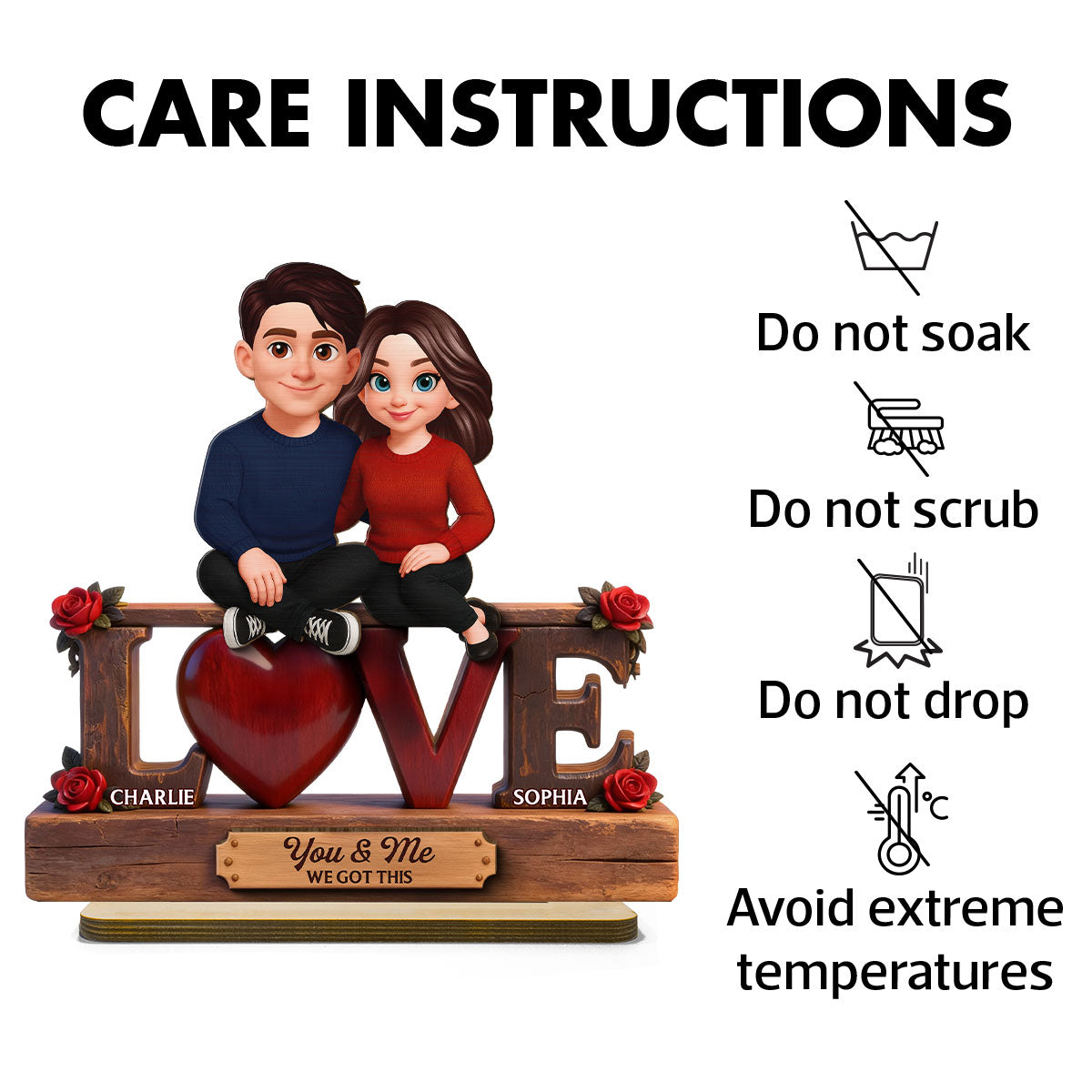Roses LOVE Couple Sitting Embracing - Personalized 2-Layered Wooden Plaque - Valentine's Day Gift For Couple, For Him, For Her