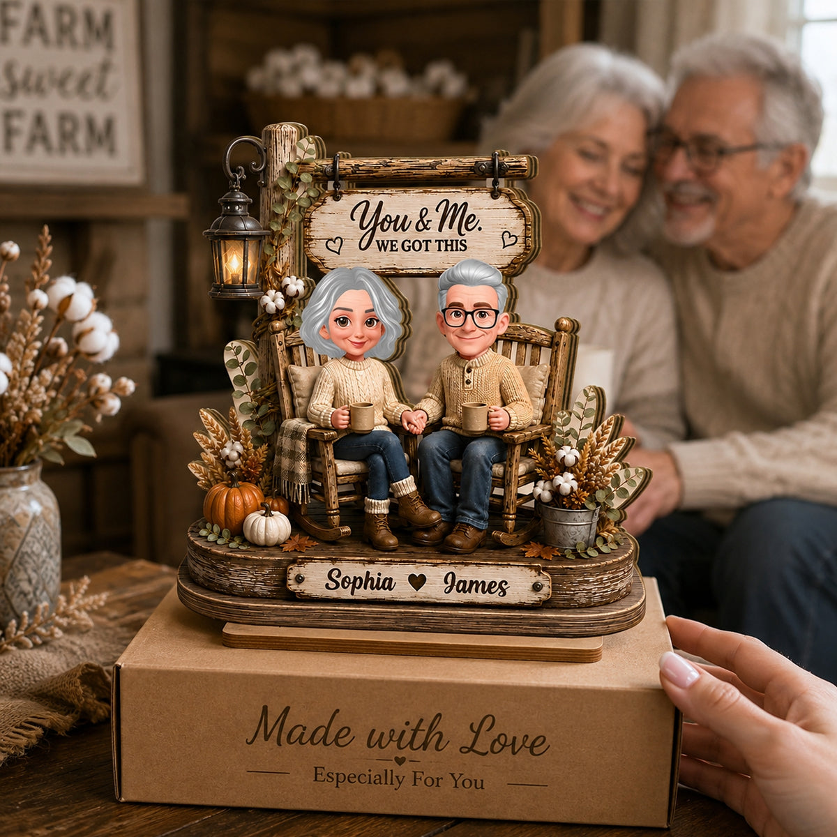 Husband Wife Sitting on Rocking Chair - Personalized 2-Layered Wooden Plaque - Anniversary Gift for Her, for Him