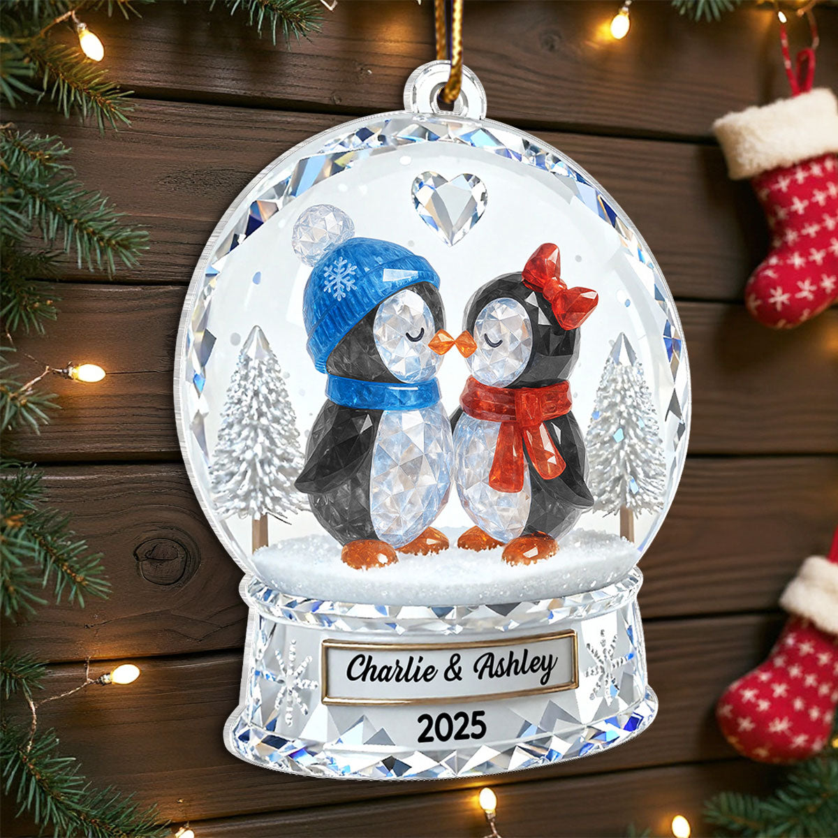 Penguin Couple 3D Crystal Effect - Personalized Acrylic Ornament - Christmas Gift for him, Gift for her