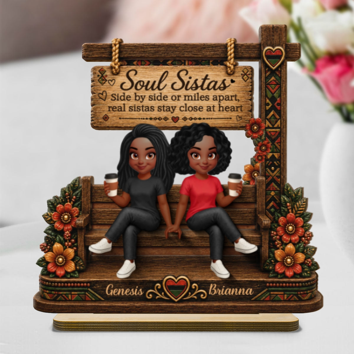 Soul Sistas Sitting Under Sign Post 2D Flat Printed - Personalized 2-Layered Wooden Plaque - Friendship Keepsake