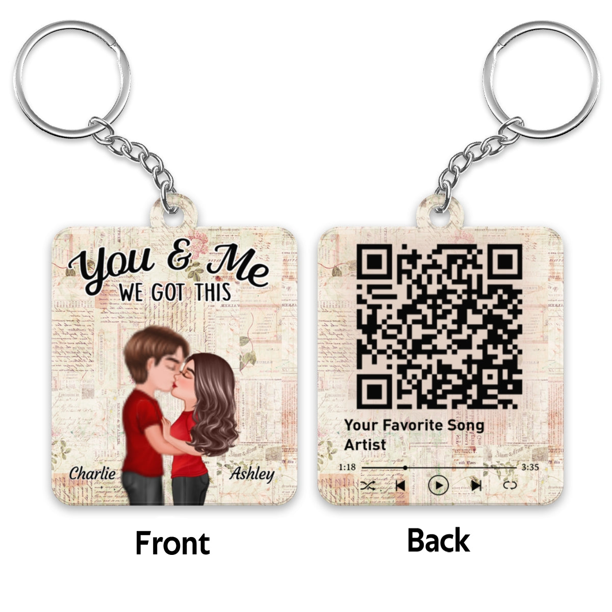 Floral Paper Doll Couple Kissing Favorite Song QR Code Personalized Acrylic Keychain