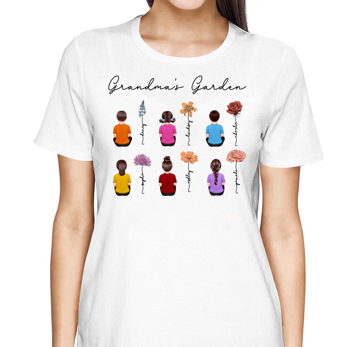 Grandkids Sitting Grandma Garden Vintage Birth Month Flowers Personalized Shirt