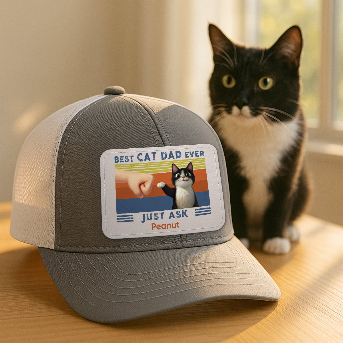 Best Cat Dad Cute Cartoon Cats Personalized Leather Patch Hat, Trucker Hat, Father's Day Gift for Cat Dads