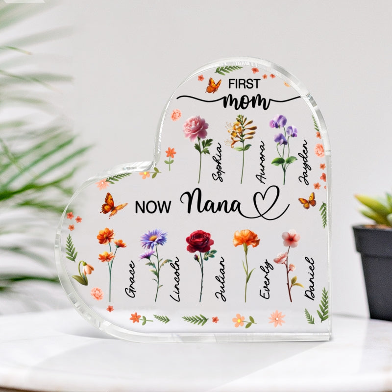 First Mom Now Grandma Beautiful 3D Effect Birth Month Flowers Personalized Heart Shape Acrylic Block Plaque