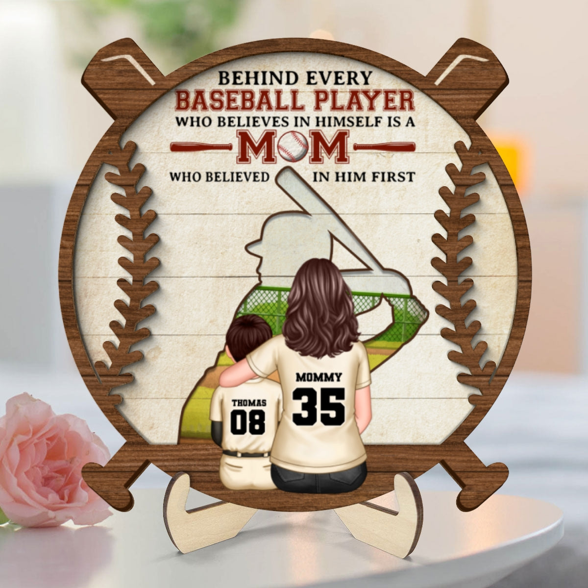 Baseball Mom Behind Every Baseball Player Personalized 2-Layer Wooden Plaque, Gift for Mom