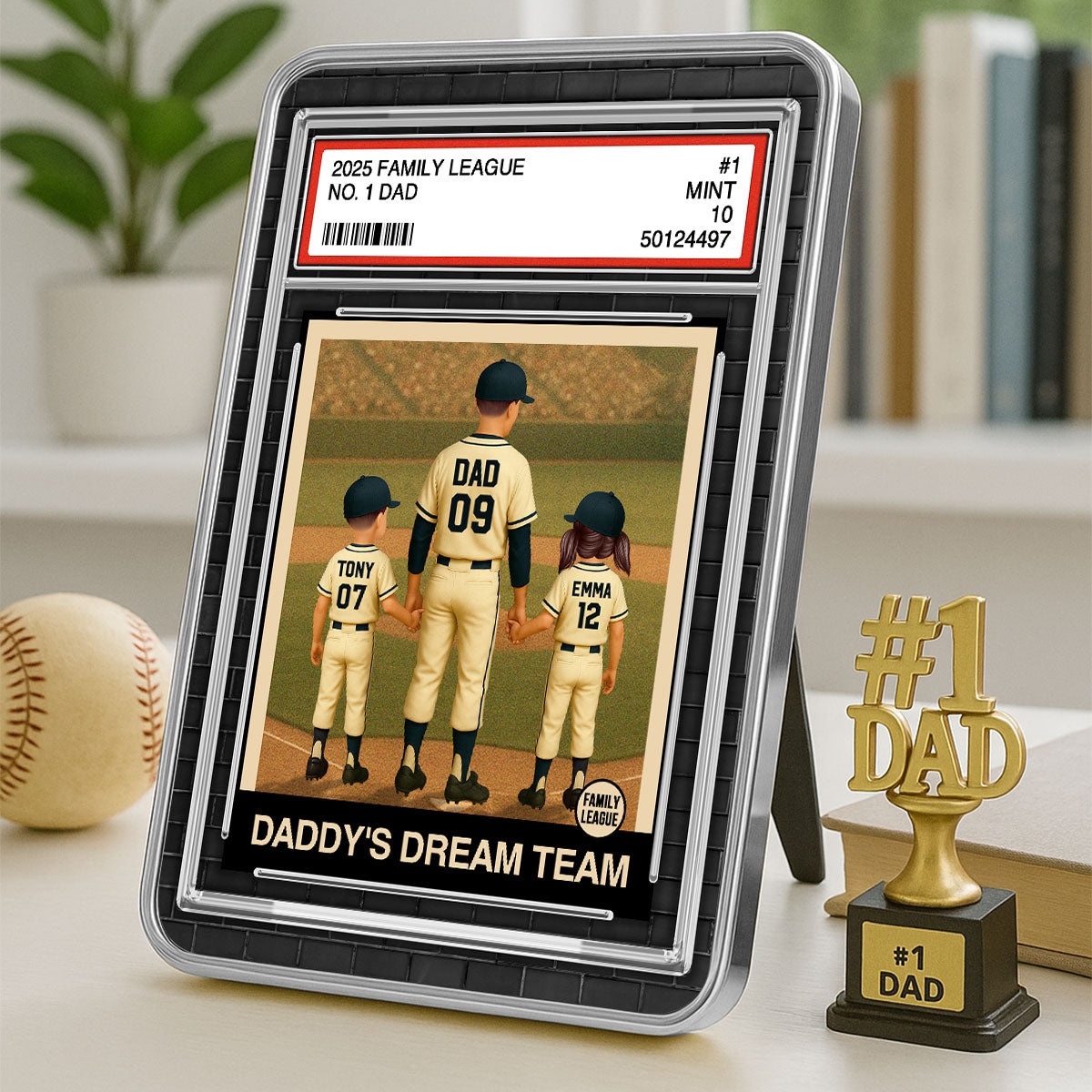 Baseball No. 1 Dad Man & Kids Trading Card Style Personalized Mirrored Picture Frame