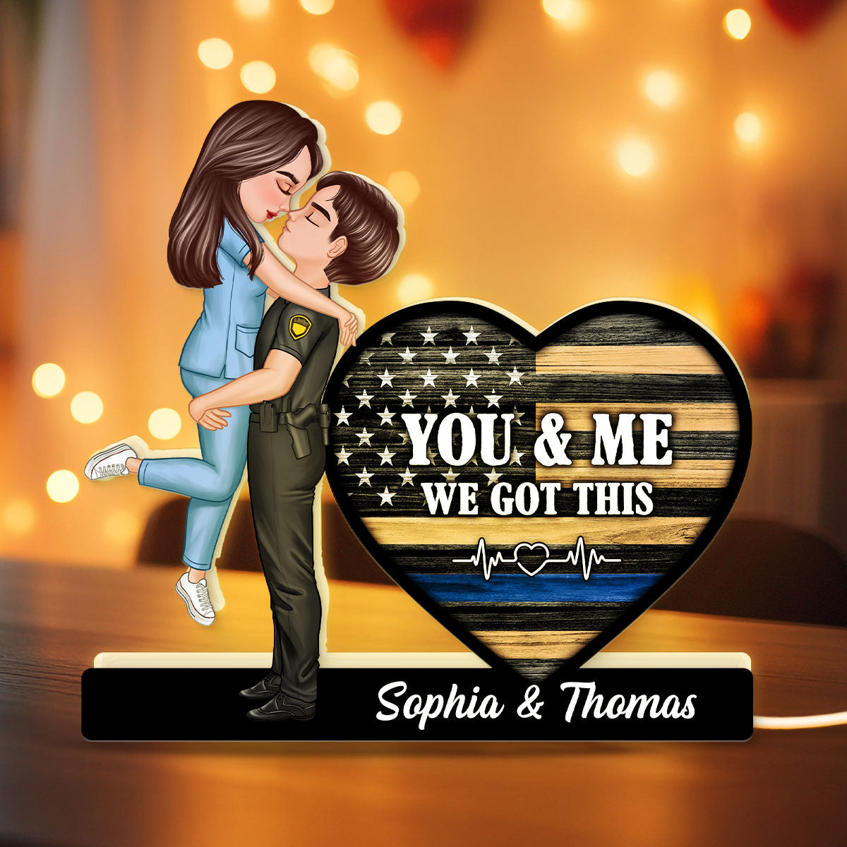 Hero Couple Kissing You & Me We Got This Job Occupation Flag Heart - Personalized Light Box