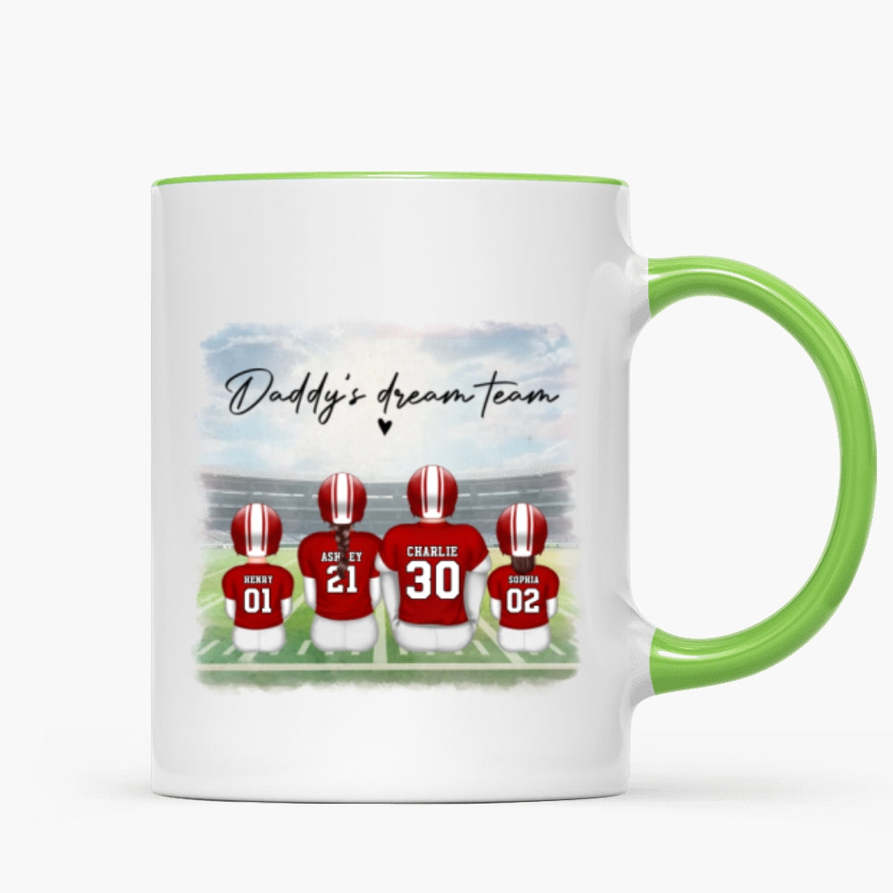 Daddy's Team Football Family Sitting Personalized Mug, Father's Day Gift For Dad, Grandpa, Husband