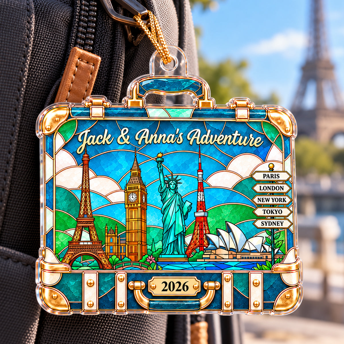 Custom Travel Adventure Suitcase Colorful Faceted Illustration 2D Flat Printed - Personalized Acrylic Ornament - Traveling Destination Keepsake, Christmas Gift For Traveling Lovers