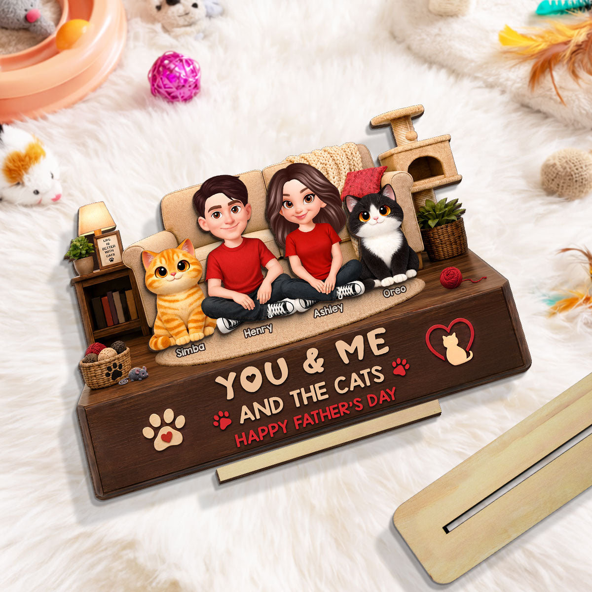 You & Me And The Cats Cozy Room - Personalized 2-Layered Wooden Plaque - Father's Day Gift For Cat Dad